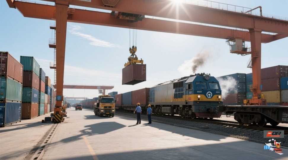China Railway freight containers prepared for international shipping, illustrating the scale of cross-border transport services.