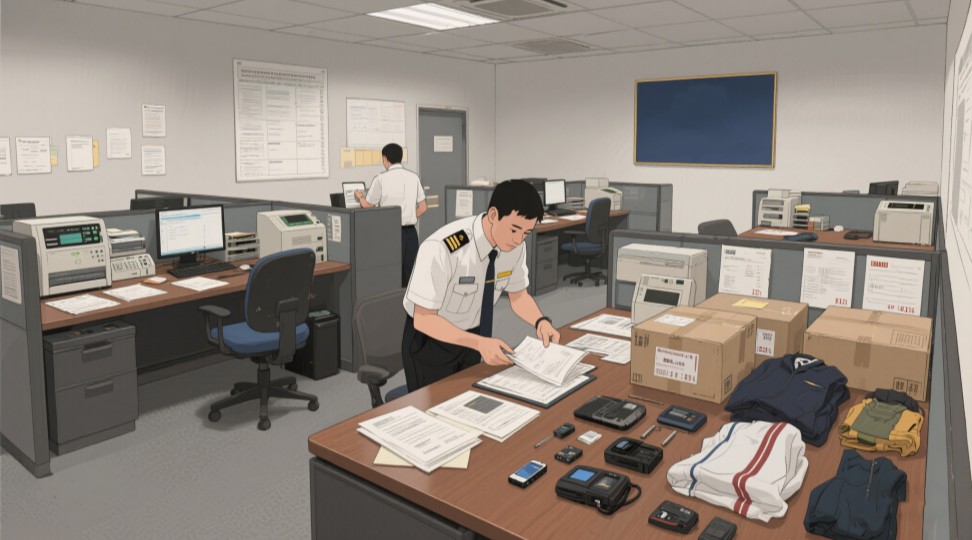 Automated warehouse with robotic systems managing inventory in a global supply chain network, featuring RFID technology and solar-powered infrastructure.