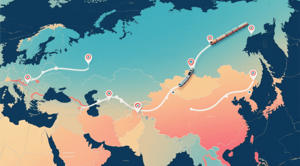 Stylized map of Eurasia highlighting Trans-Siberian rail route and Middle Corridor for retail supply chain