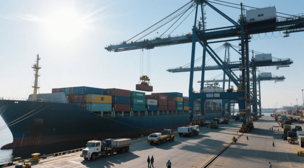 Container ship loading at port for sea freight shipping manifest