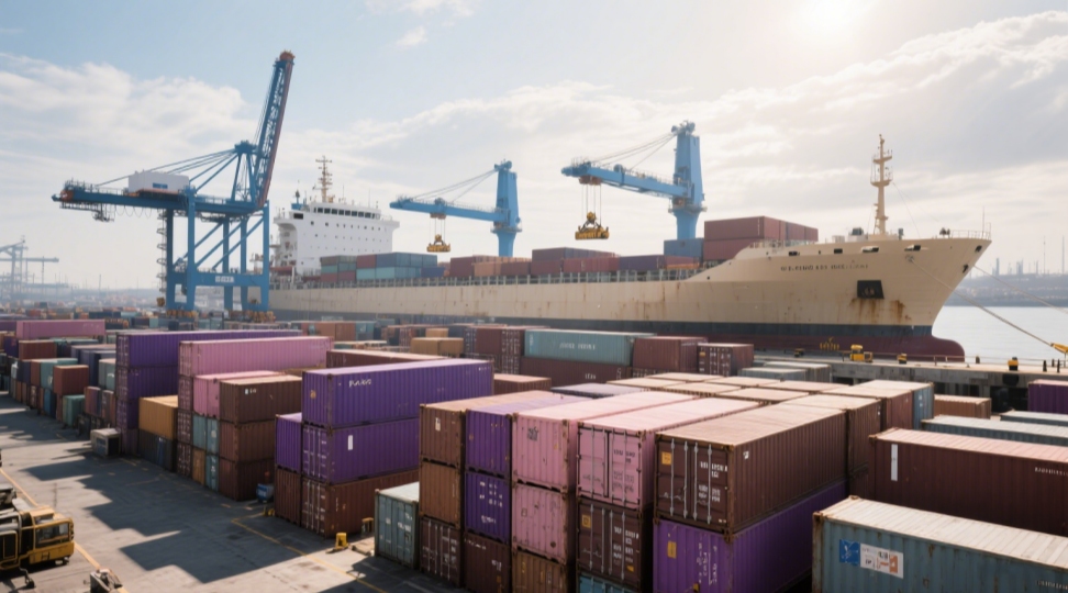 ISO containers stacked at an international port with cargo cranes and ships.
