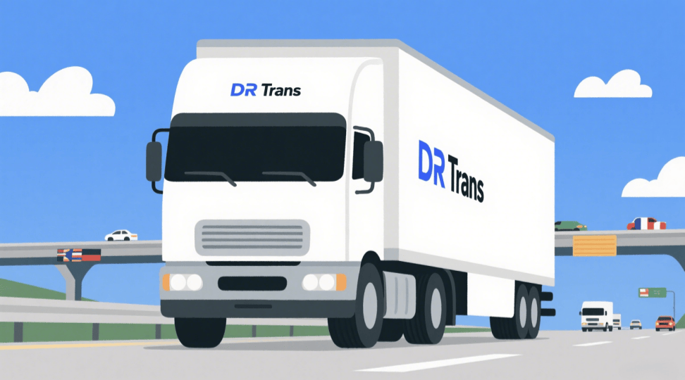 DR Trans refrigerated truck transporting vaccines with dual-temperature compartments, featuring real-time GPS and thermal sensors for secure pharmaceutical logistics