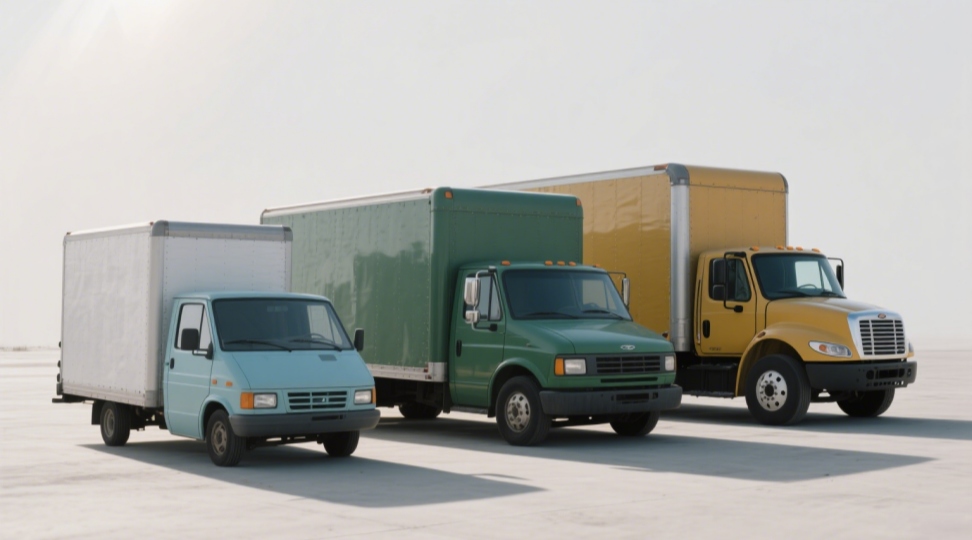 Lineup of small, medium, and large box trucks for size comparison
