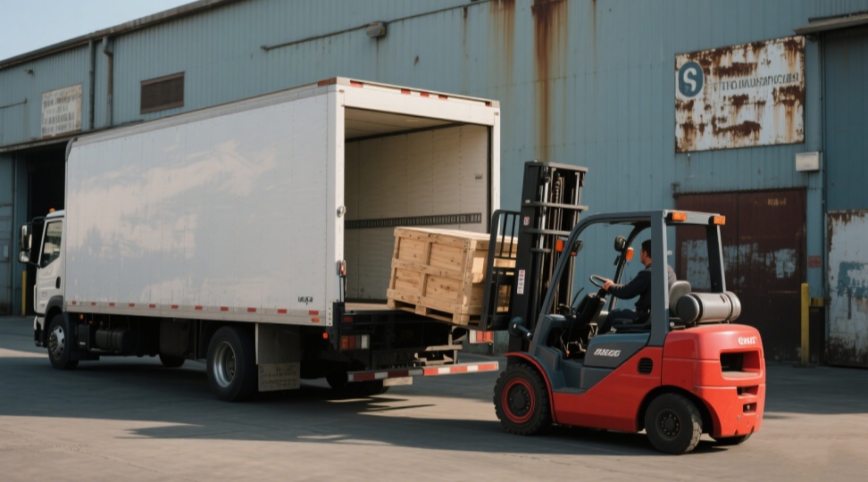 A flat-floor cargo truck, suitable for moving bulky equipment and crates in logistics warehouses.