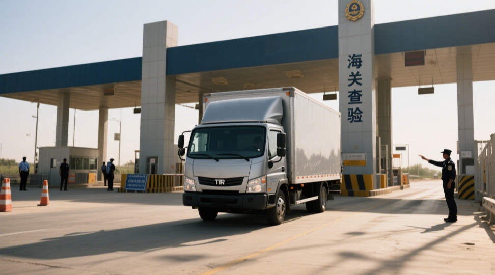 DR Trans trucks crossing international borders for TIR transport to Russia and Central Asia, ensuring customs compliance.