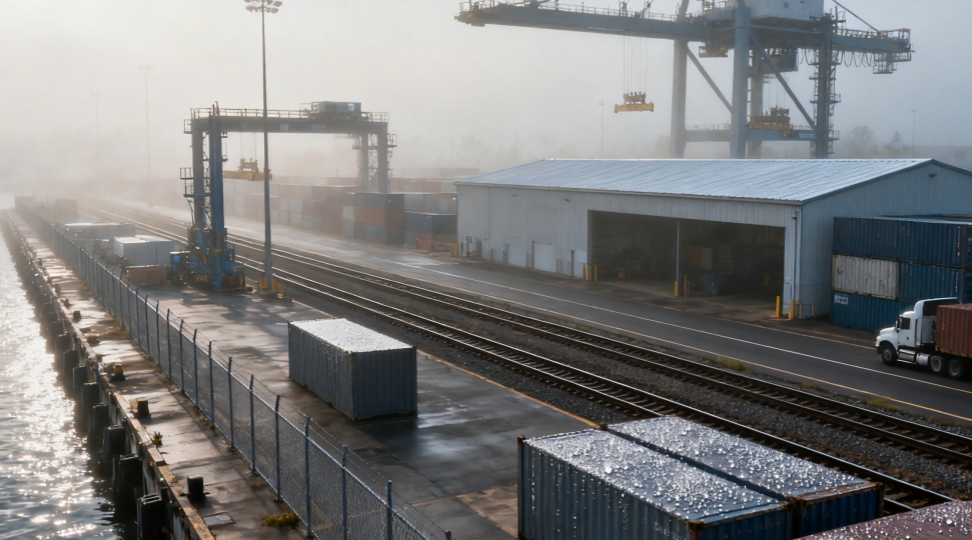 Close-up of gantry cranes lifting containers and stacked containers in a terminal yard.