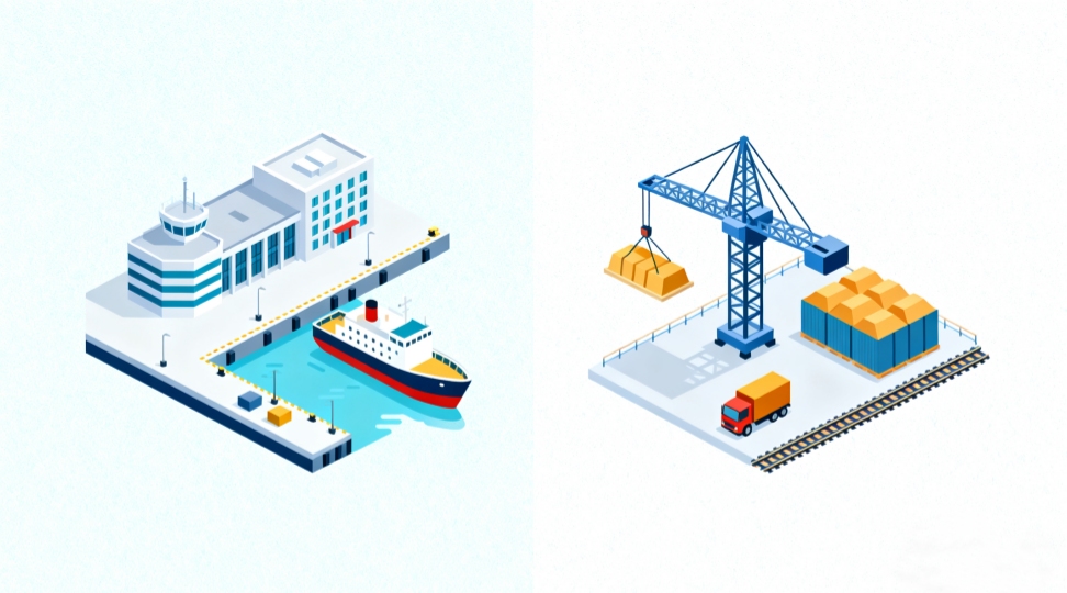 Icon-style infographic composition comparing port elements and terminal elements (no text).
