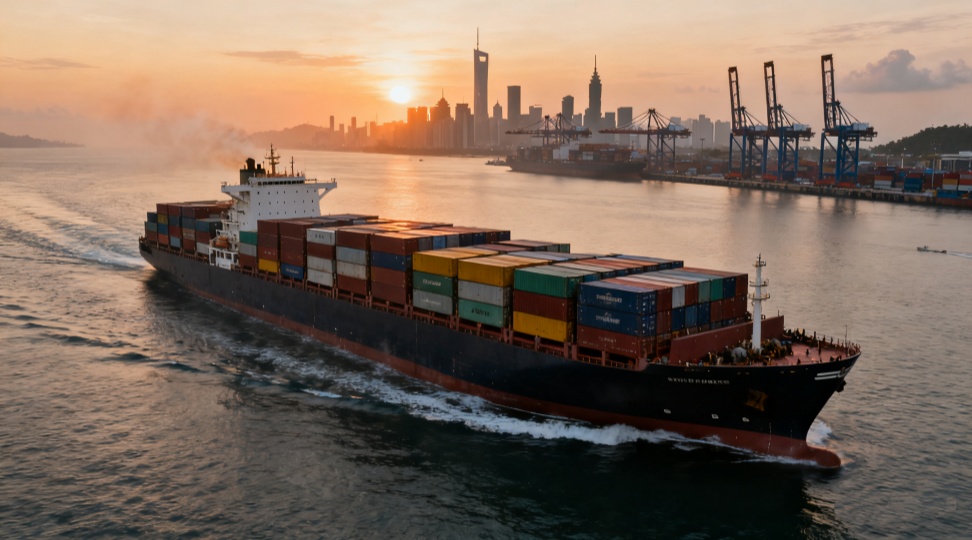 Container ship approaching port at sunrise — shipping from Shanghai to Lagos sea service by DR Trans