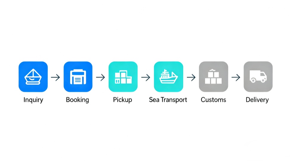 DR Trans shipping process flowchart — inquiry, booking, pickup, sea transport, customs, delivery (cheapest shipping from China to Nigeria options)