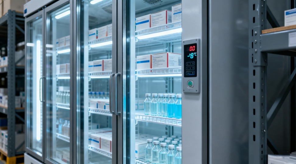 Pharmaceutical cold chain warehouse storing vaccines with temperature monitoring