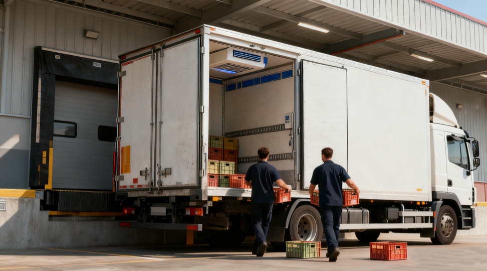 Two logistics workers loading temperature-sensitive goods into a refrigerated vehicle, part of DR Trans’s cold chain sea freight service from China to Australia.