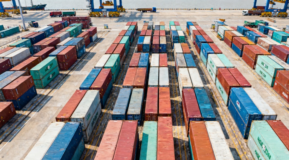 Container Yard at Ningbo-Zhoushan Port A top-down photo showing colorful containers and terminal activity at Ningbo-Zhoushan Port, representing cargo volume for ocean shipping from Ningbo to Hamburg.