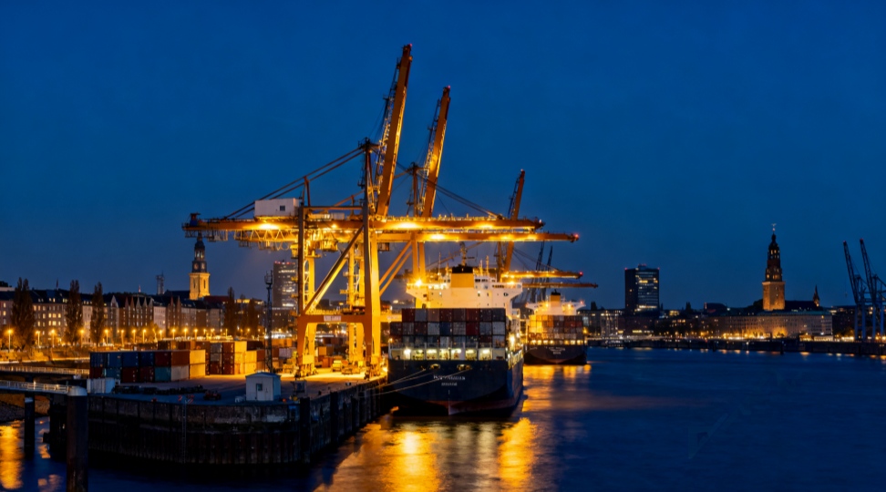 A stunning evening view of Hamburg Port, showing cranes and cargo vessels under lights, symbolizing the reliability and 24-hour operations of ocean shipping from Ningbo to Hamburg. Night View of Hamburg Port