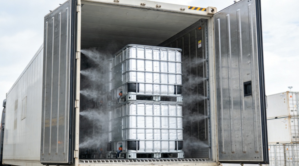 Cross-border refrigerated truck for pharmaceutical cold chain logistics Refrigerated truck carrying insulated containers with pharmaceutical cargo for Europe–Asia cross-border cold chain logistics