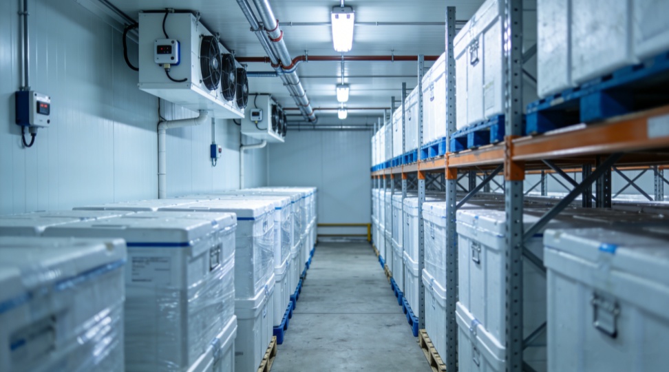 Cold chain warehouse with temperature monitoring systems Temperature-controlled cold chain warehouse with insulated pallets and visible cooling systems for cold chain management solutions