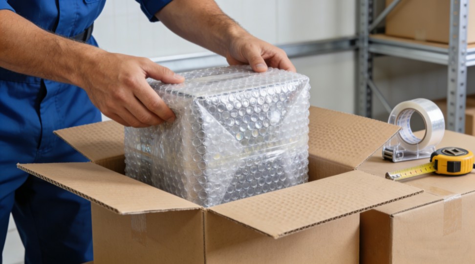 Worker packing fragile item with bubble wrap in warehouse